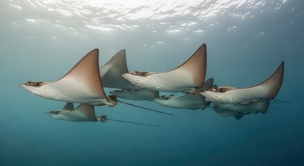 A group of manta rays swimming in clear blue water, showcasing their distinctive wing-like pectoral fins.
