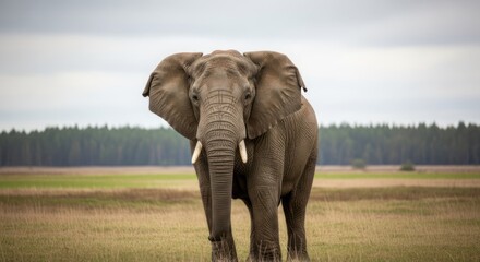 Obraz premium A solitary elephant standing in a grassy field with a forest in the background.