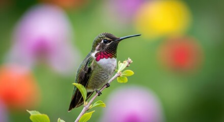 Fototapeta premium A hummingbird perched on a branch with a blurred floral background, showcasing its vibrant plumage and long beak.