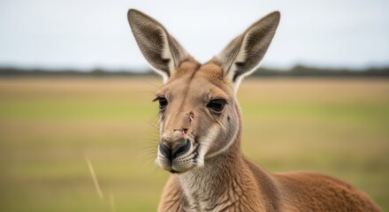Obraz premium A close-up of a kangaroo with a visible wound on its nose, set against a blurred natural background.