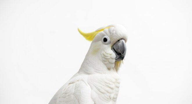 A close-up of a white cockatoo with yellow crest and black beak against a white background.
