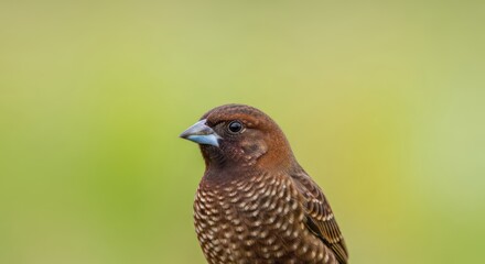 Obraz premium A solitary bird perched against a blurred green background, showcasing its detailed plumage and distinctive beak.