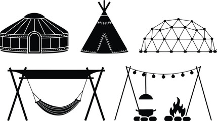 Camping and Glamping Tent Silhouettes Vector Set