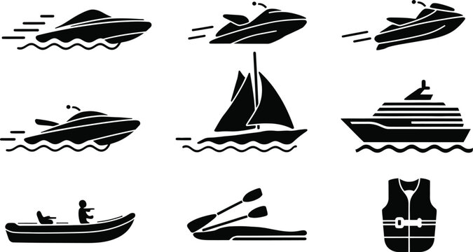 Marine Watercraft and Nautical Vessel Silhouette Icons Set, vector illustration
