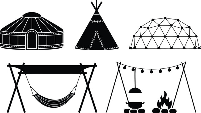 Camping and Glamping Tent Silhouettes Vector Set