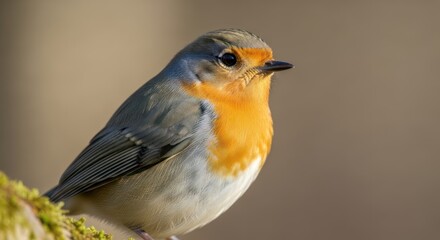 Fototapeta premium A close-up of a European Robin perched on a mossy branch, with a blurred background highlighting the bird's vibrant plumage.
