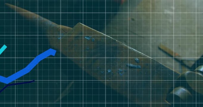Bright blue line emerging with cyan and navy lines rising over metal tool, illustrating data trends