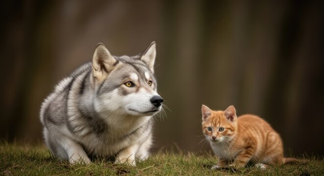 A serene outdoor scene featuring a wolf and a kitten sitting together, with a blurred forest background.