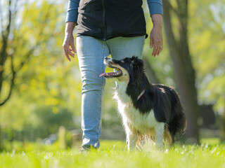 border collie and handler in focused heelwork from the side