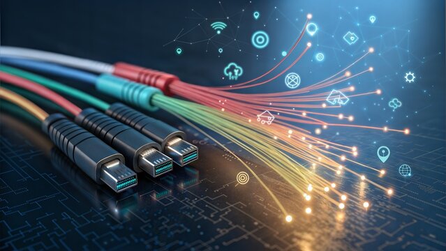 Colorful fiber optic cables with glowing fintech icons on reflective dark surface - Powered by Adobe