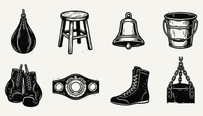 Vintage Woodcut Boxing Equipment Icon Set