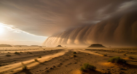 Dramatic dust storm approaching over a vast desert landscape at sunset with distant hills