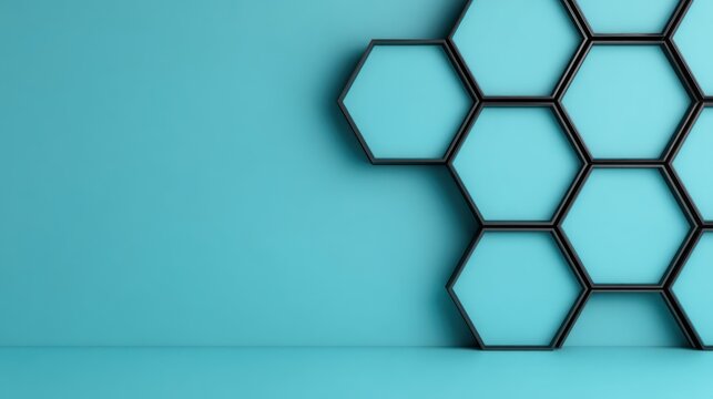 Modern Black Hexagonal Shelves Mounted on Smooth Turquoise Teal Wall Minimal Interior Design Concept Modern Hex Storage