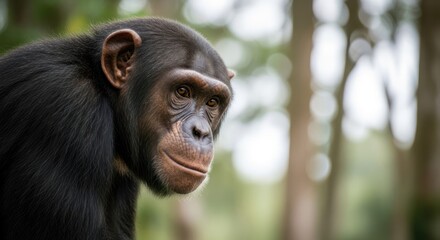 A close-up of a chimpanzee in a natural forest setting, looking contemplative.