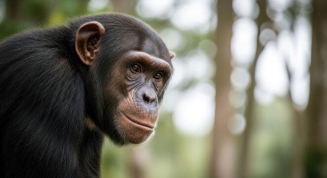 A close-up of a chimpanzee in a natural forest setting, looking contemplative.