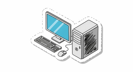 Isometric desktop computer tower with blue screen monitor and keyboard sticker in hand drawn outline style with shadows