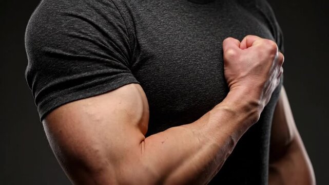 Close Up of Strong Muscular Man Flexing Bicep Muscle in Dark Studio Gym Setting Showcasing Bodybuilding and Fitness Strength