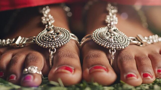 Close up of Indian woman feet adorned with ornate silver anklets toe rings and red nail polish resting on green grass with red fabric accent in soft natural light