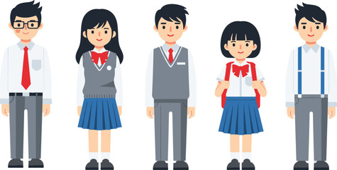 Flat vector illustration of students in school uniforms, cartoon boys and girls characters standing together, education concept, isolated white background © Julfikar