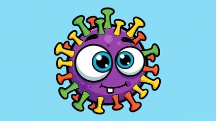 Naklejka premium Animated Cartoon Illustration of a Cheerful Virus Character with Blue Backdrop