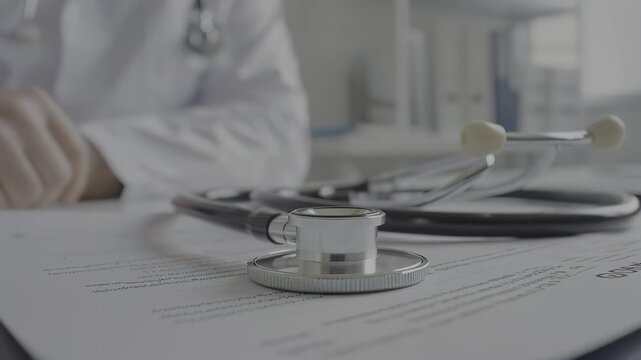 Caucasian male doctor in white coat places stethoscope on medical documents, focusing on patient information in a bright clinical office environment, hdr video with neutral color