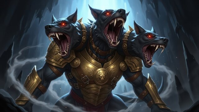 Armored Three-Headed Canine Guardian Roaming in a Mystical Realm of Shadows