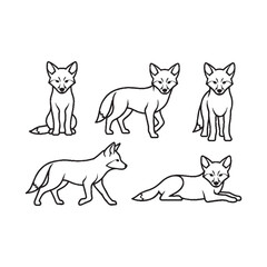 Naklejka premium Five foxes in different poses line art illustration