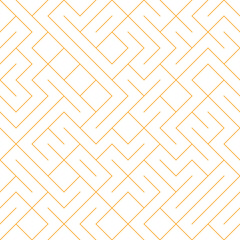 Abstract geometric maze pattern with thin orange lines on white background.