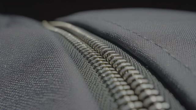 Close-up sequence of a zipper being opened on a black fabric bag, showcasing the intricate details of the zipper teeth and the smooth fabric texture, hdr video with neutral color
