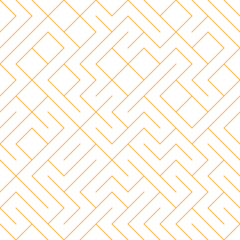 Abstract geometric maze pattern with thin orange lines on white background.
