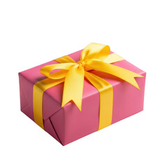 Fototapeta premium A vibrant pink gift box adorned with a bright yellow ribbon and bow isolated on transparent background