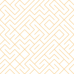 Abstract geometric maze pattern with thin orange lines on white background.