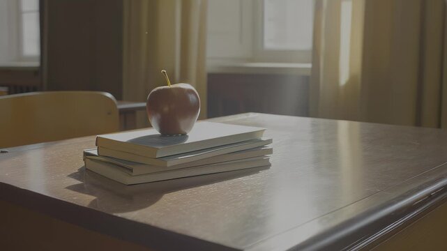 Red apple placed on stack of books atop a wooden desk illuminated by sunlight streaming through large windows with yellow curtains in a classroom setting, hdr video with neutral color
