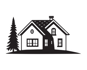 House Silhouette with Minimal Home Exterior Black Vector Illustration.