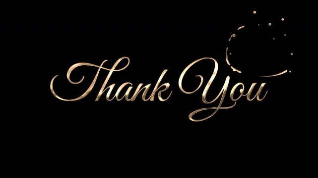 Thank you lettering, golden thank you text shines elegantly on a simple stark black background.