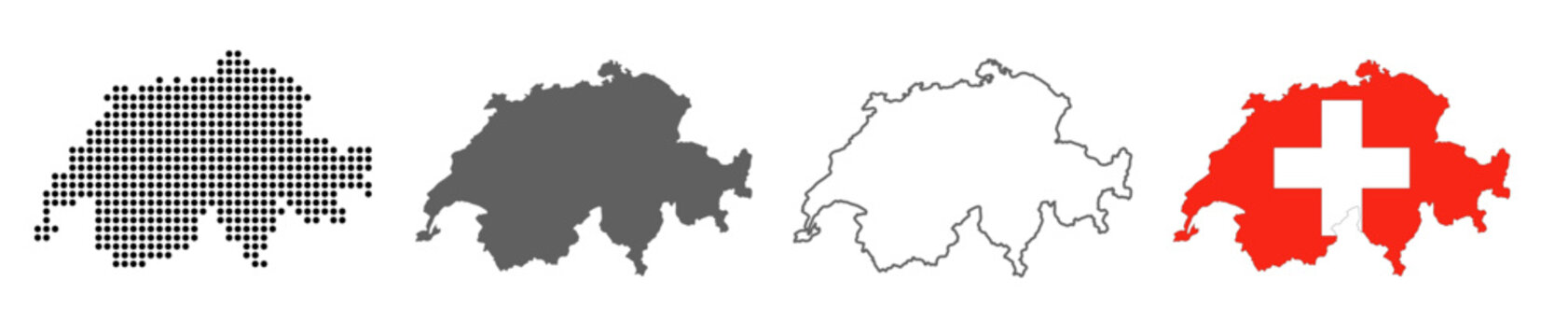 Switzerland map set with dotted solid outline and flag style vector illustration