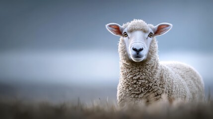 Fototapeta premium Close-up Portrait of a Soft and Fluffy Sheep in a Serene Pastoral Environment with a Calm Background