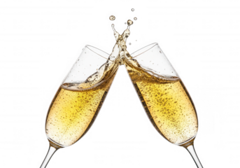 Champagne glasses clinking with splashing liquid isolated on a transparent background
