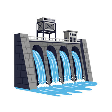 A cartoon illustration of a large concrete dam with water flowing through multiple spillways, generating hydroelectric power.