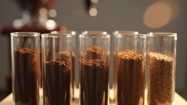 Coffee bean powder variations displayed in glass tubes to illustrate different roasts and grind sizes for brewing