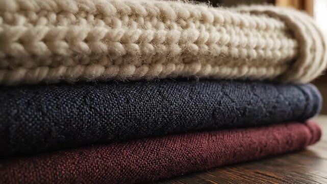 Cozy folded sweaters stacked on a wooden table in warm natural tones.