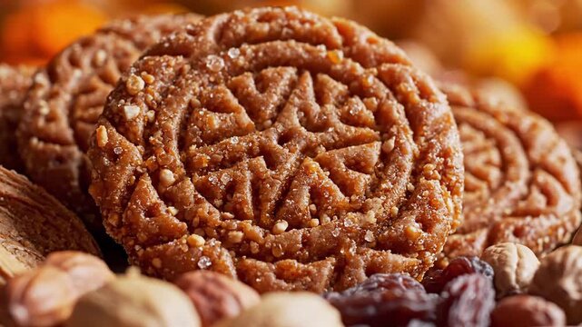 Close up of textured brown sweet cookies with intricate patterns and visible nuts and raisins in warm lighting with a shallow depth of field