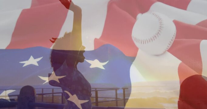 Animation of flag of usa and baseball over african american woman