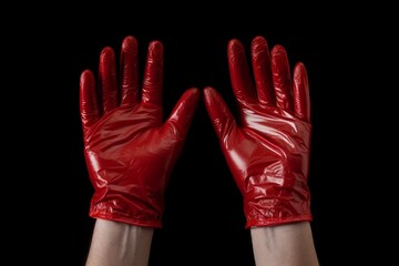 Hands in shiny red plastic gloves presenting open palms on a dark background