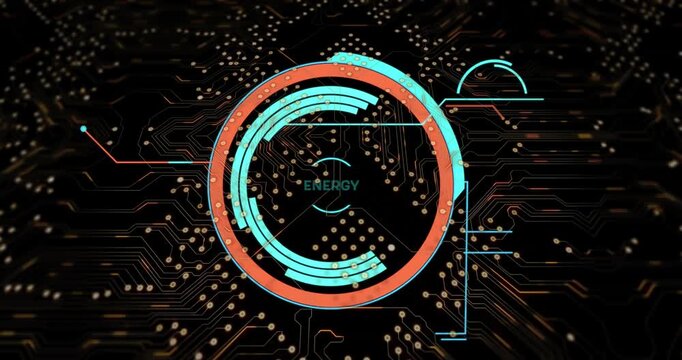 Digital animation of data processing over microprocessor connections on black background