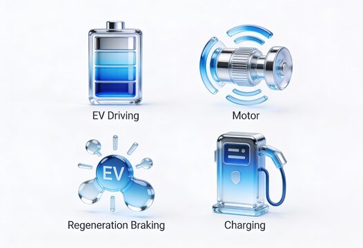 Advanced EV technology iconography showcasing high capacity battery systems, regenerative braking features, precision engineered electric motors and innovative charging infrastructure aesthetics