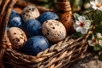 Obraz premium Beautiful Blue and Speckled Easter Eggs in Woven Basket Close Up