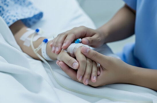 Recover little child hand lying in hospital bed sleeping. Health care medical emotional sickness family moment background