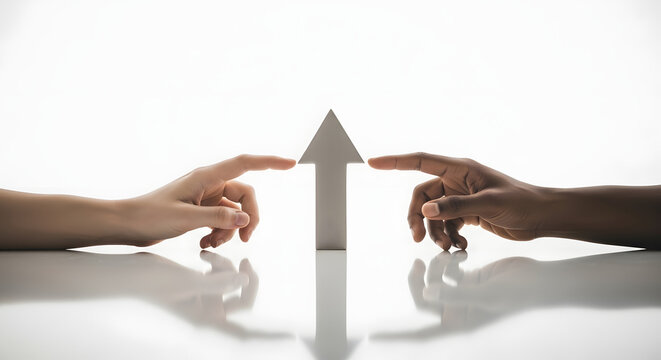 Diverse Hands Pointing to Upward Arrow Symbolizing Shared Progress and Business Growth