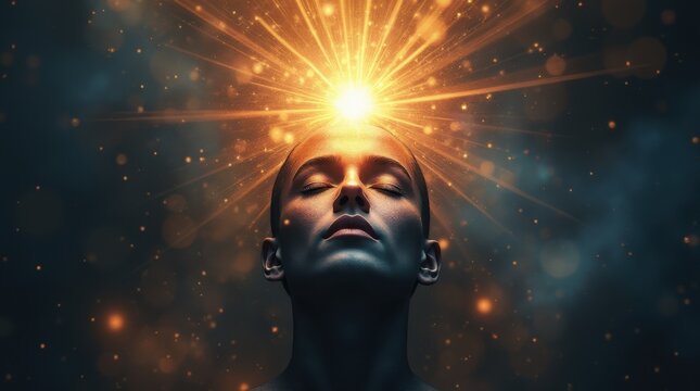 A mystical visual background designed for meditation, focusing on the concept of awakening the third eye. Radiant energy emanates from the forehead area, symbolizing inner vision, higher consciousness